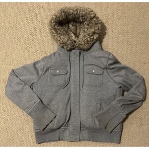 Y2K American Eagle Faux Fur Hooded Bomber Jacket Gray Sherpa Size Large Women's